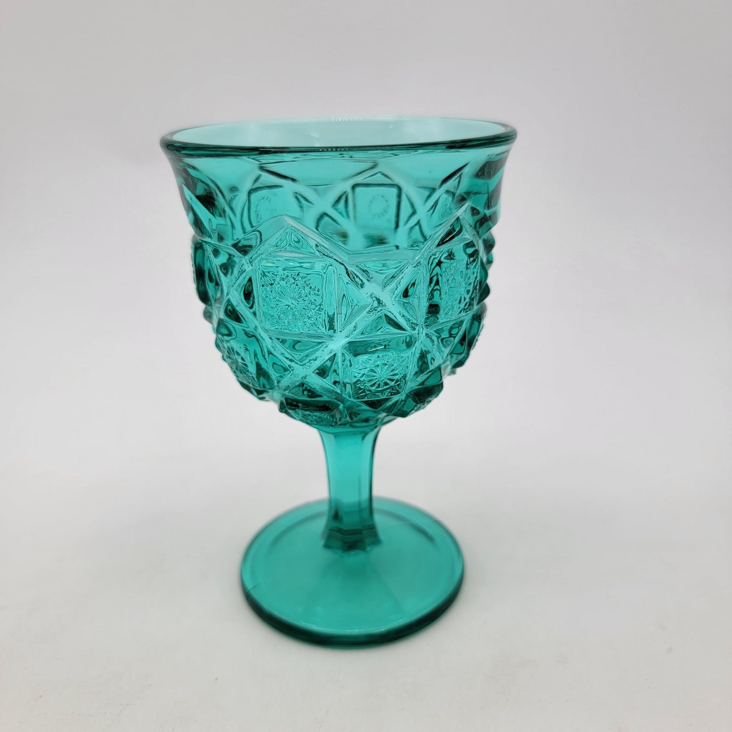 Vintage Viking Glass Diamond Thumbprint Goblet  - Teal Blue Green