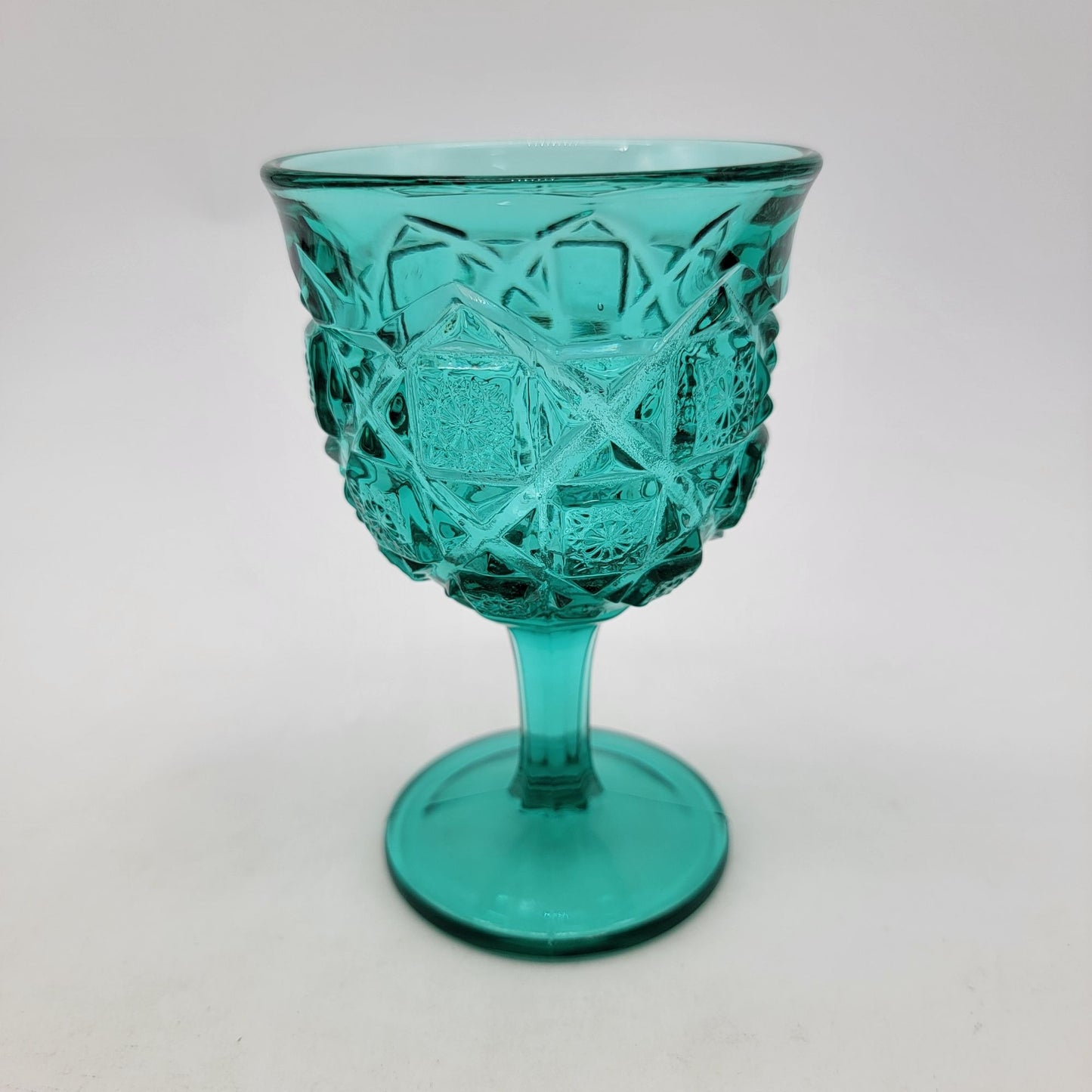 Vintage Viking Glass Diamond Thumbprint Goblet  - Teal Blue Green