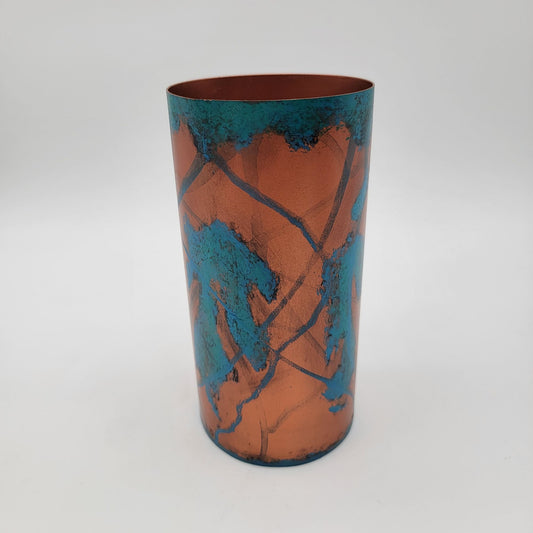 Koyal Patina Metal Cylinder Vase With Blue & Copper Finish 7.5 Inches Tall