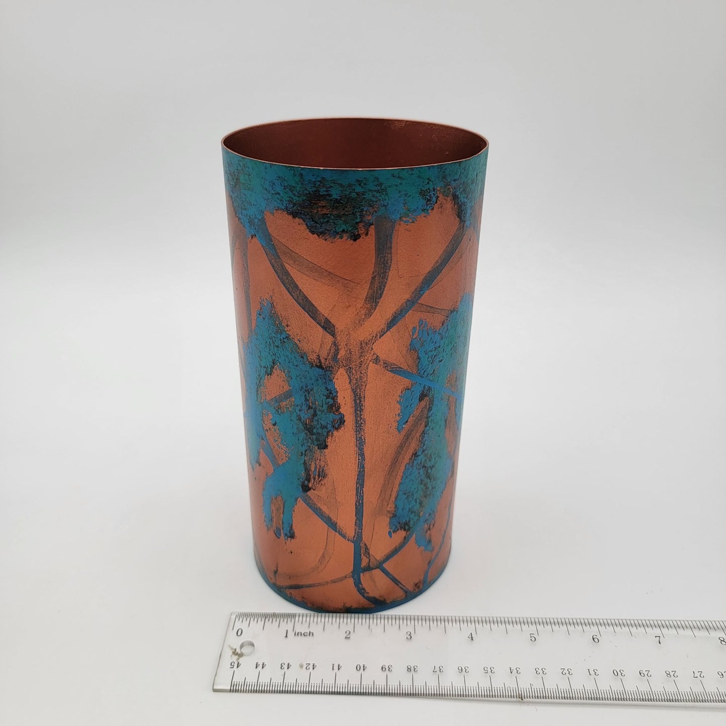 Koyal Patina Metal Cylinder Vase With Blue & Copper Finish 7.5 Inches Tall