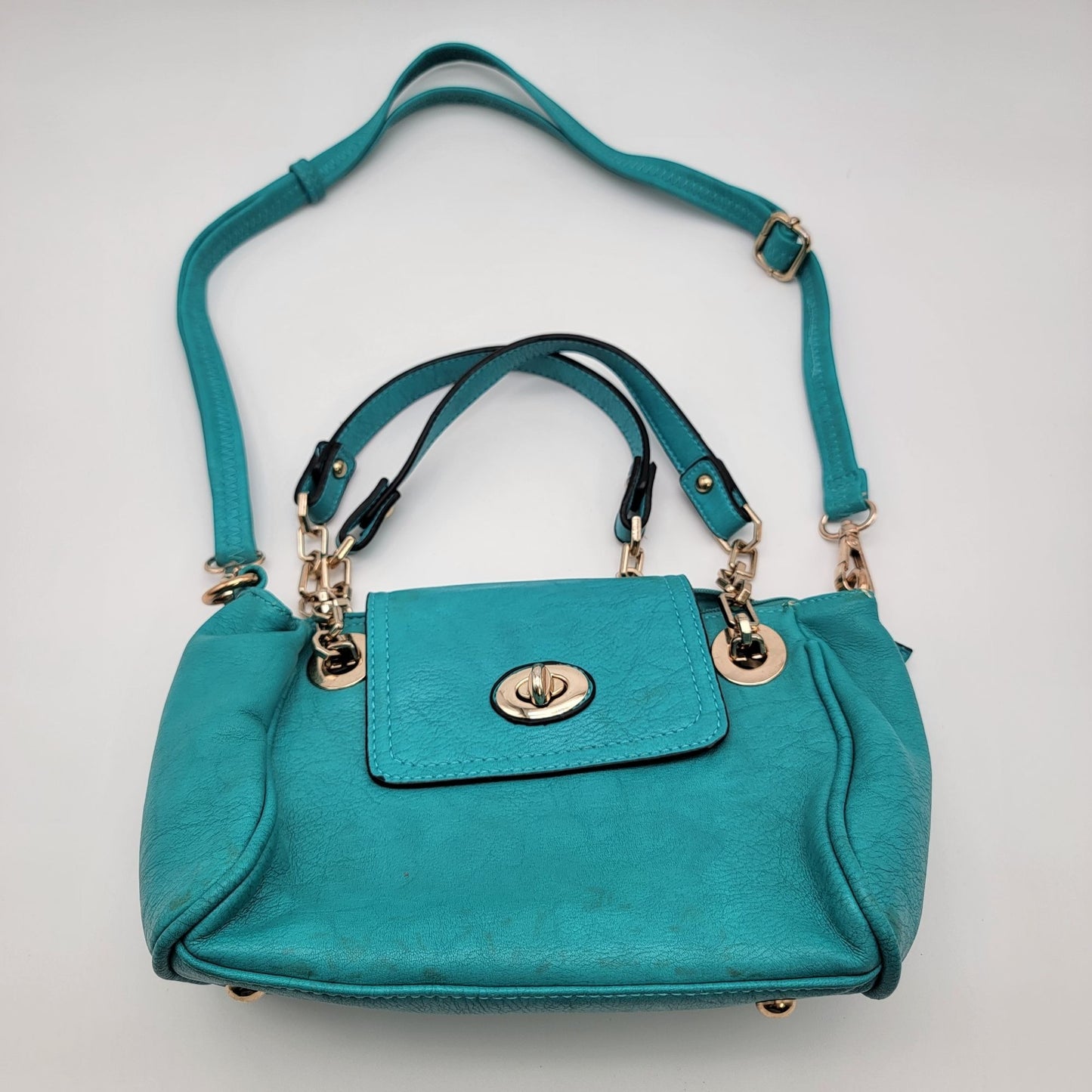 Teal Leather Satchel Crossbody Purse With Adjustable Strap