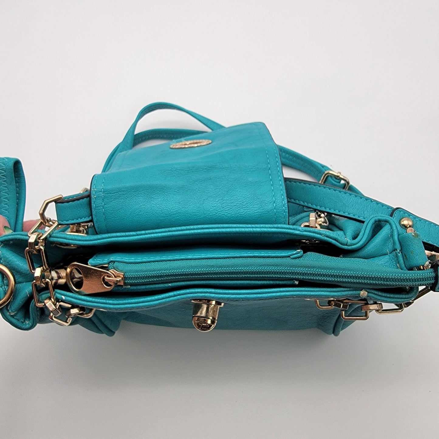 Teal Leather Satchel Crossbody Purse With Adjustable Strap