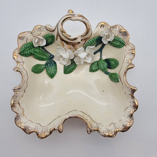 Vintage Mid-Century White Gardenia Flower Nappy Dish