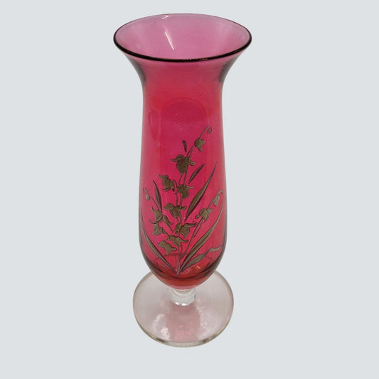 Antique Cranberry Glass Vase With Lily Of The Valley
