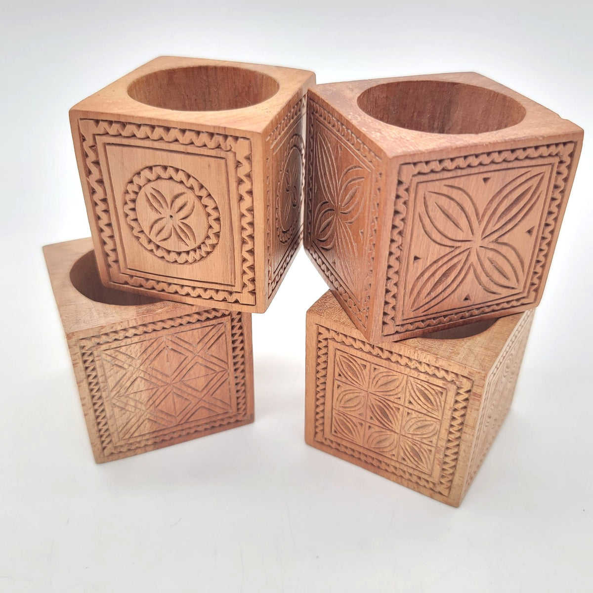 Mid Century Carved Wood Napkin Rings Set Of 4