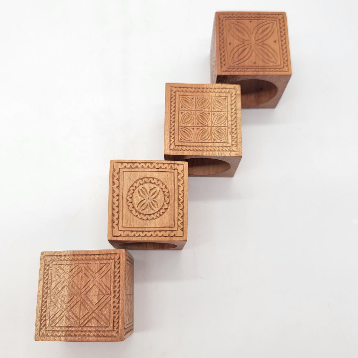 Mid Century Carved Wood Napkin Rings Set Of 4