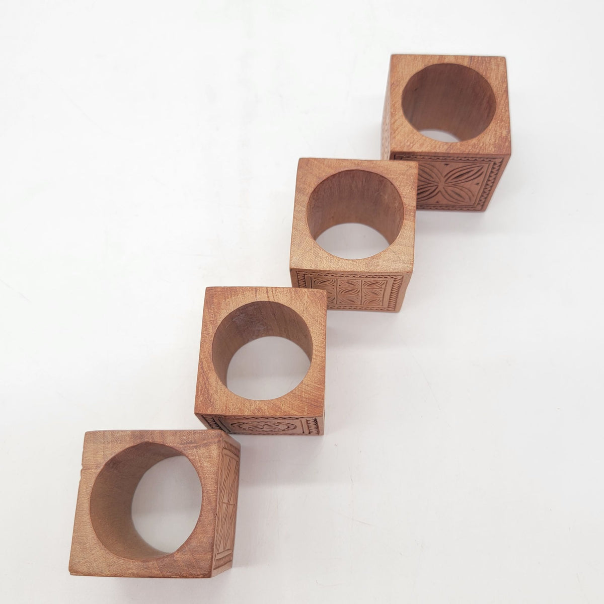 Mid Century Carved Wood Napkin Rings Set Of 4
