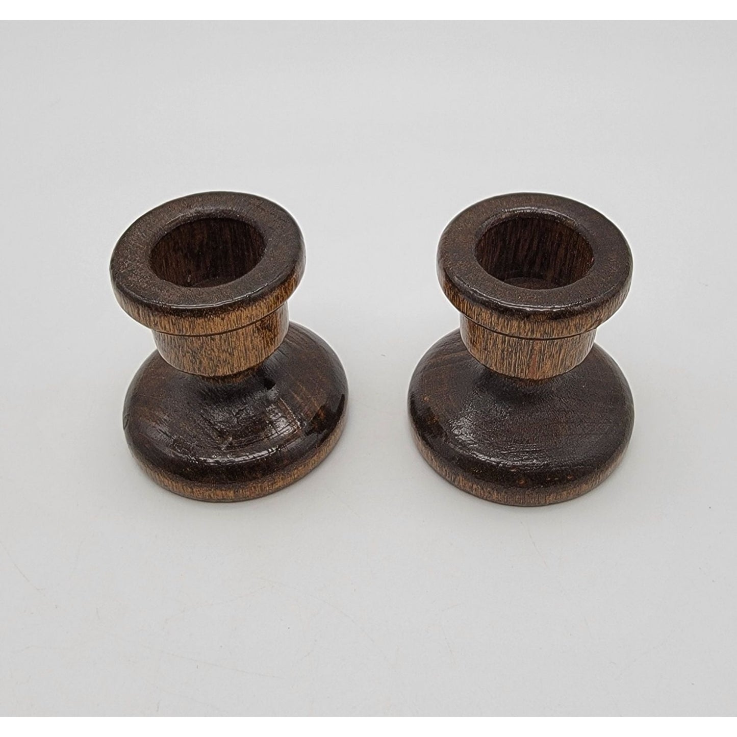 Pair of Vintage Hand-Turned Dark Wood Candlestick Holders