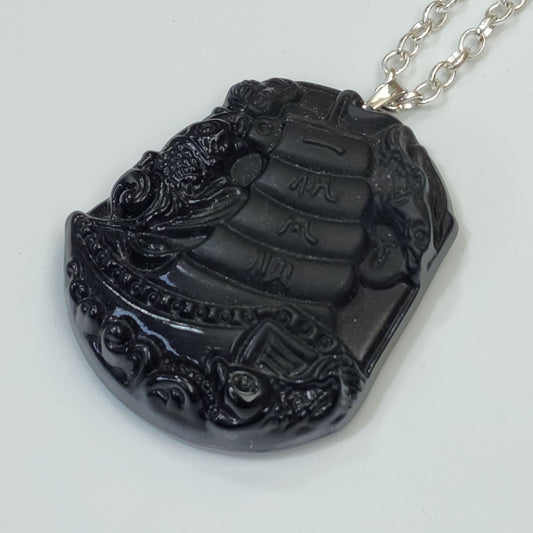 Hand Carved Black Obsidian Sailing Ship Pendant & 30" Silver-Tone Chain