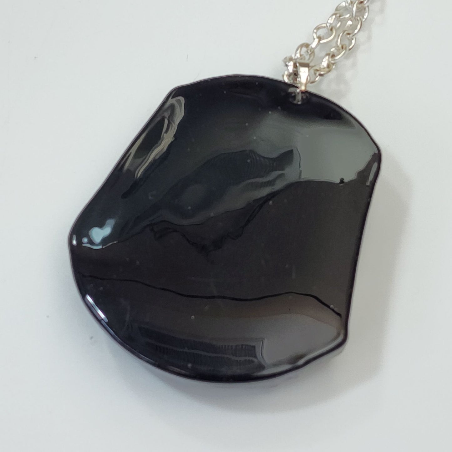 Hand Carved Black Obsidian Sailing Ship Pendant & 30" Silver-Tone Chain