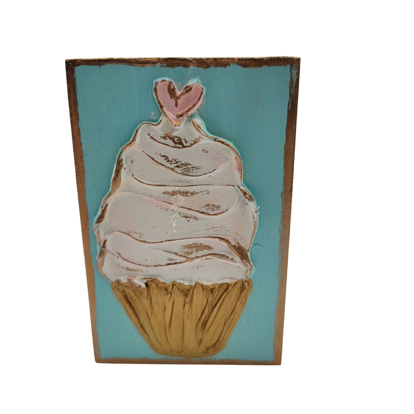 Coddiwomple Handcrafted Wood Cupcake Block Art With Heart Accent