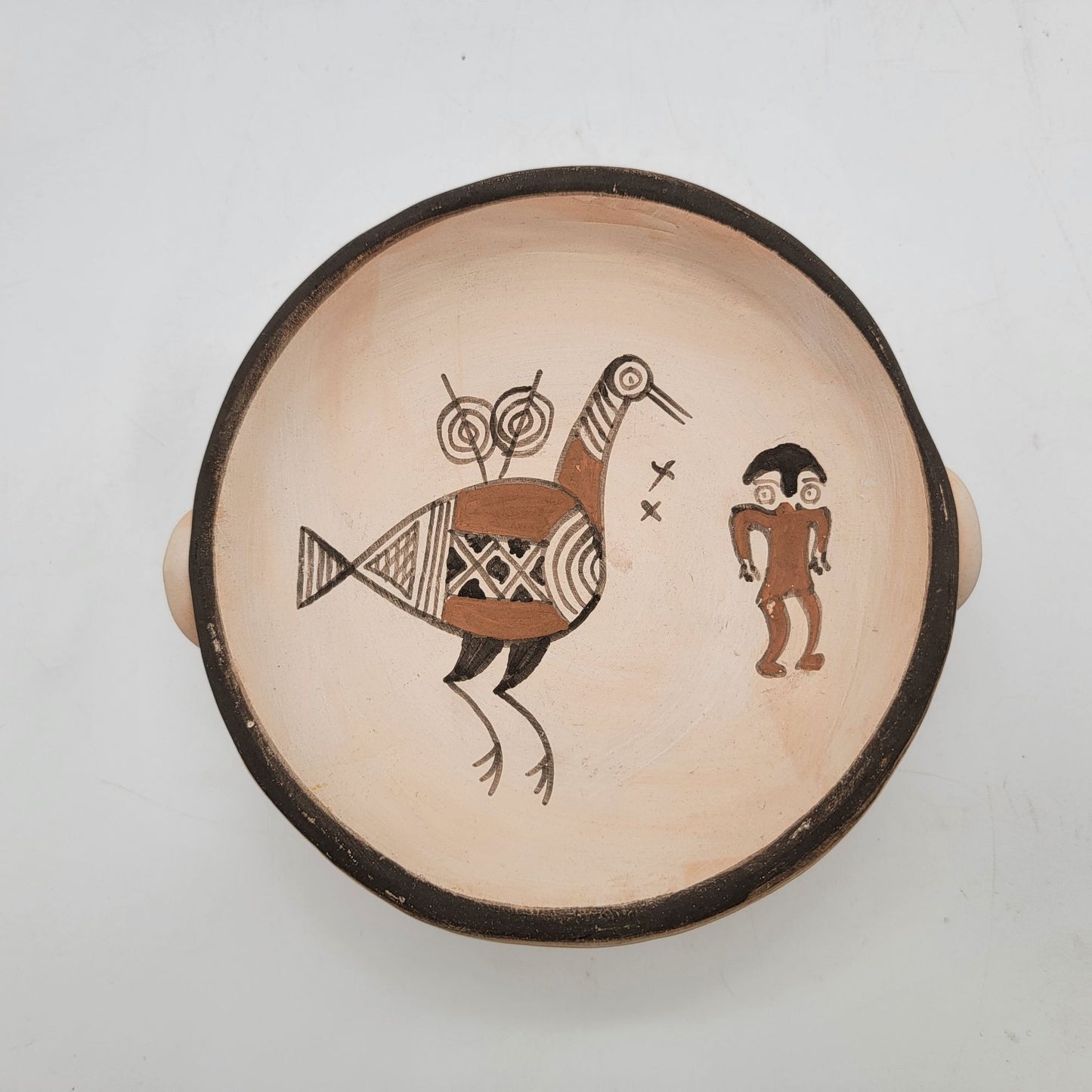Vintage T. Modiri Hand Made Cyprus Art Pottery Pedestal Bowl With Folk Art Bird Design