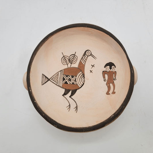 Vintage T. Modiri Hand Made Cyprus Art Pottery Pedestal Bowl With Folk Art Bird Design