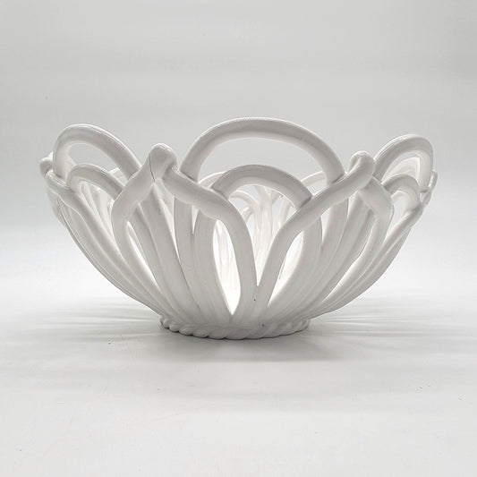 White Italian Looped Pottery Bowl With Openwork - as found