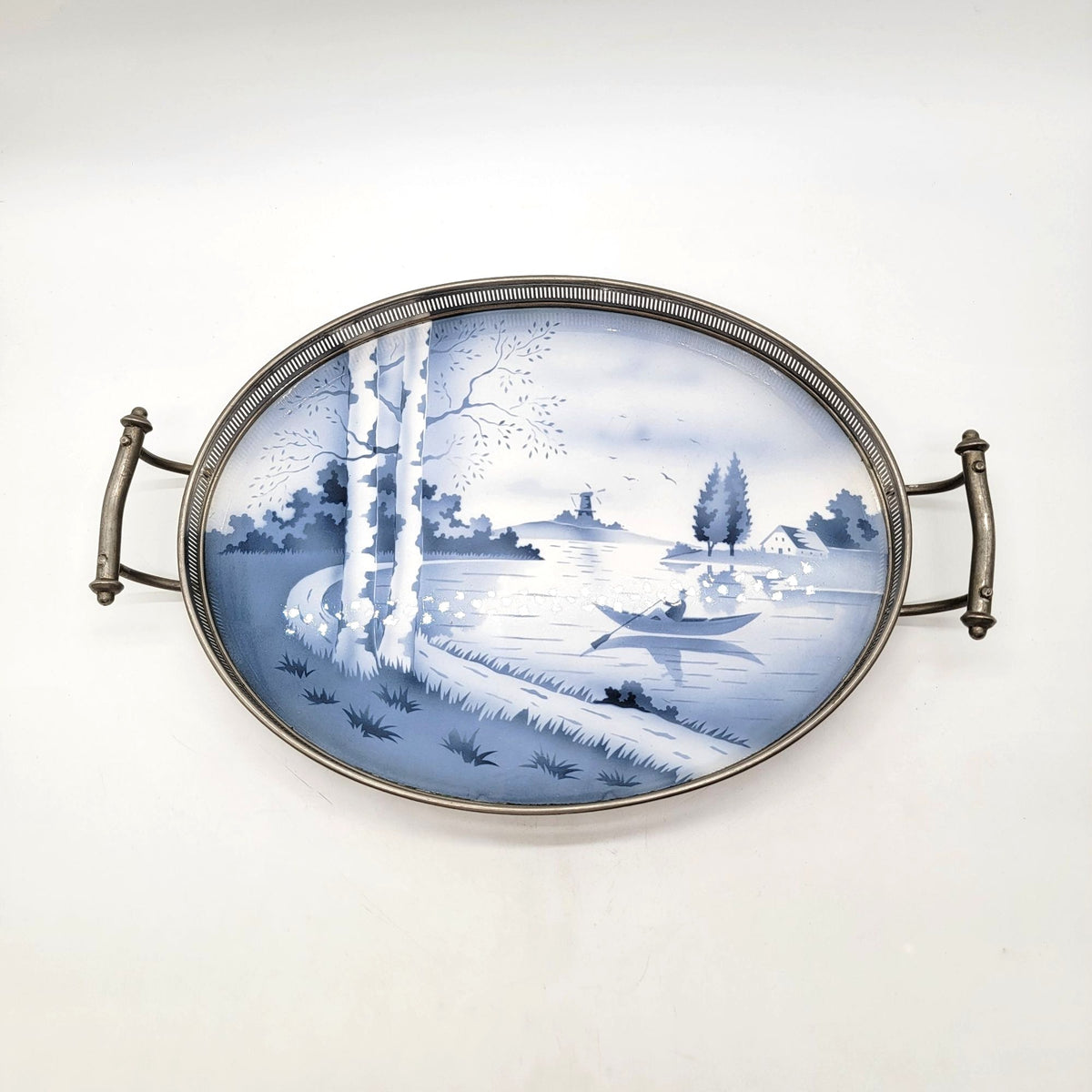 Vintage Delft Blue Porcelain Oval Serving Tray