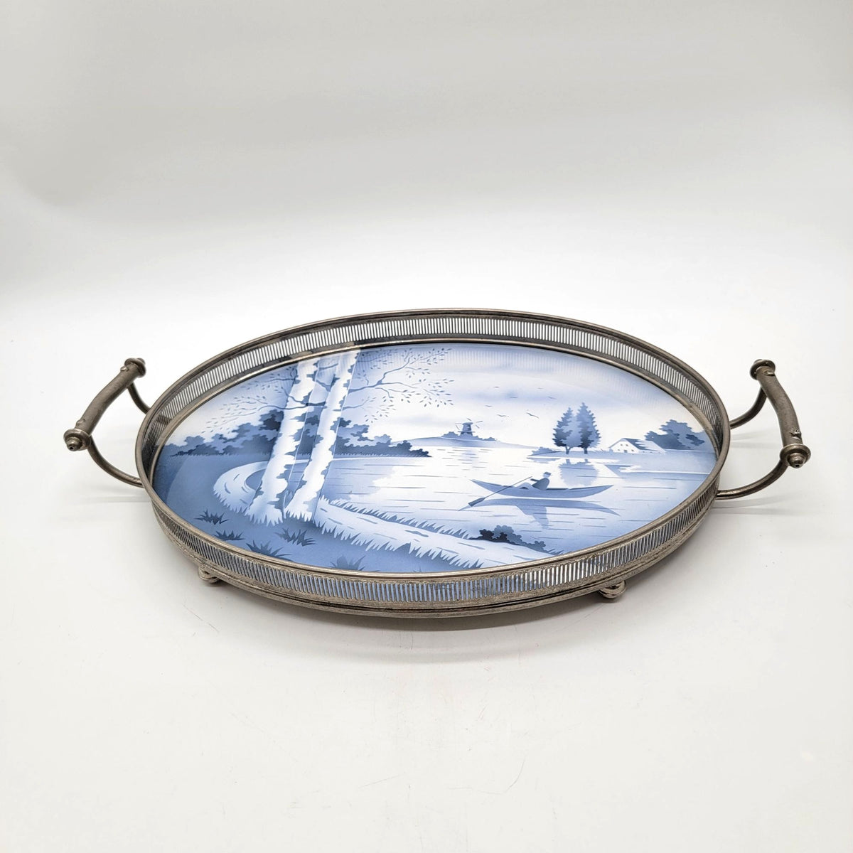 Vintage Delft Blue Porcelain Oval Serving Tray