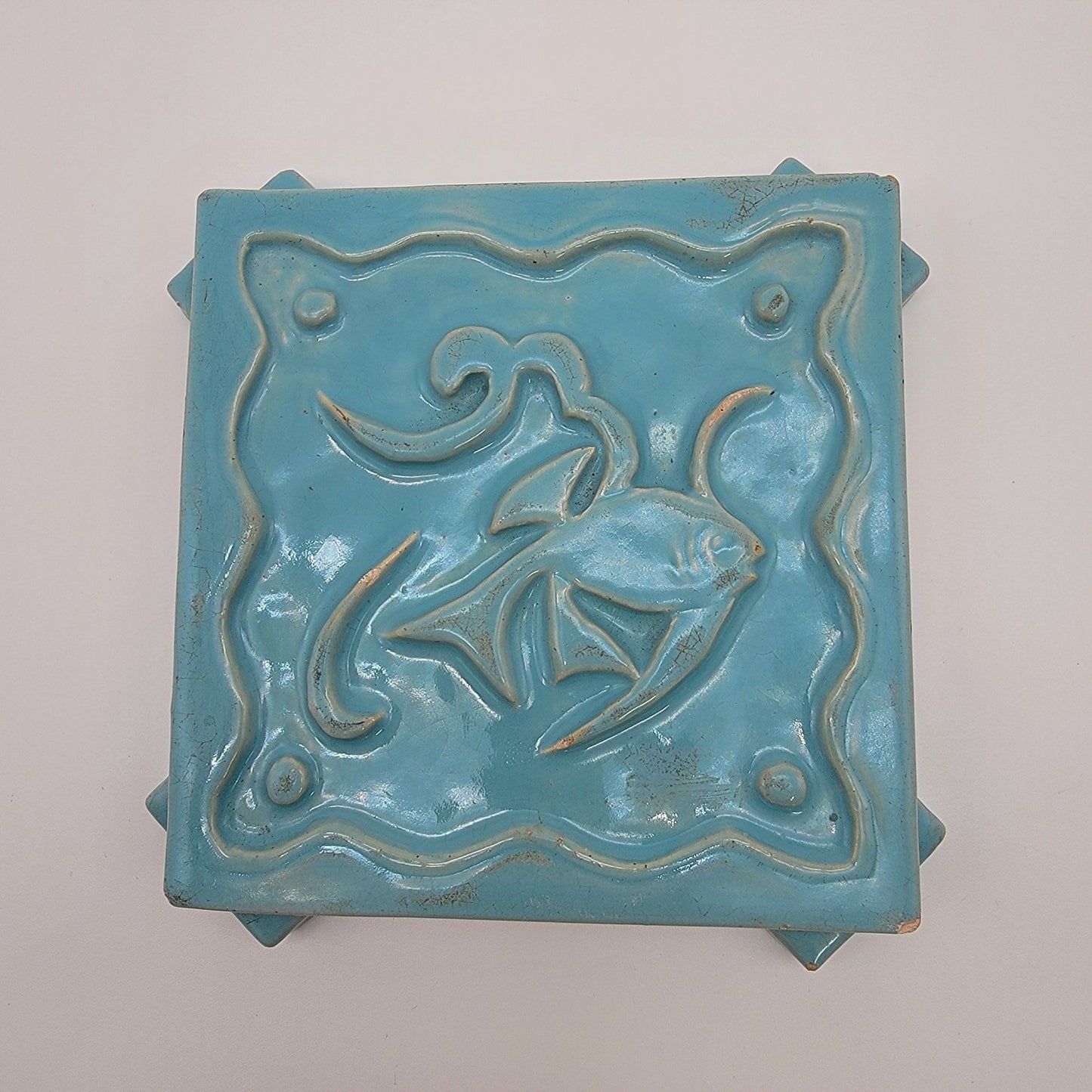 Signed Ruth Bush Pottery Blue Trivet With Fish