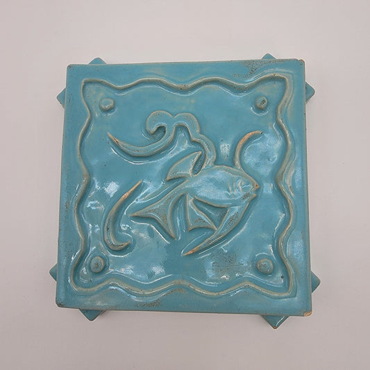 Signed Ruth Bush Pottery Blue Trivet With Fish