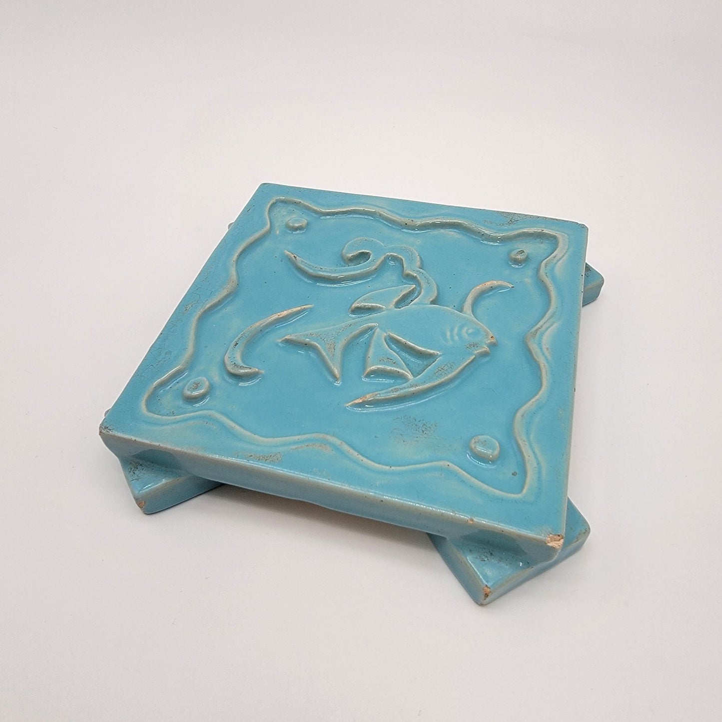Signed Ruth Bush Pottery Blue Trivet With Fish
