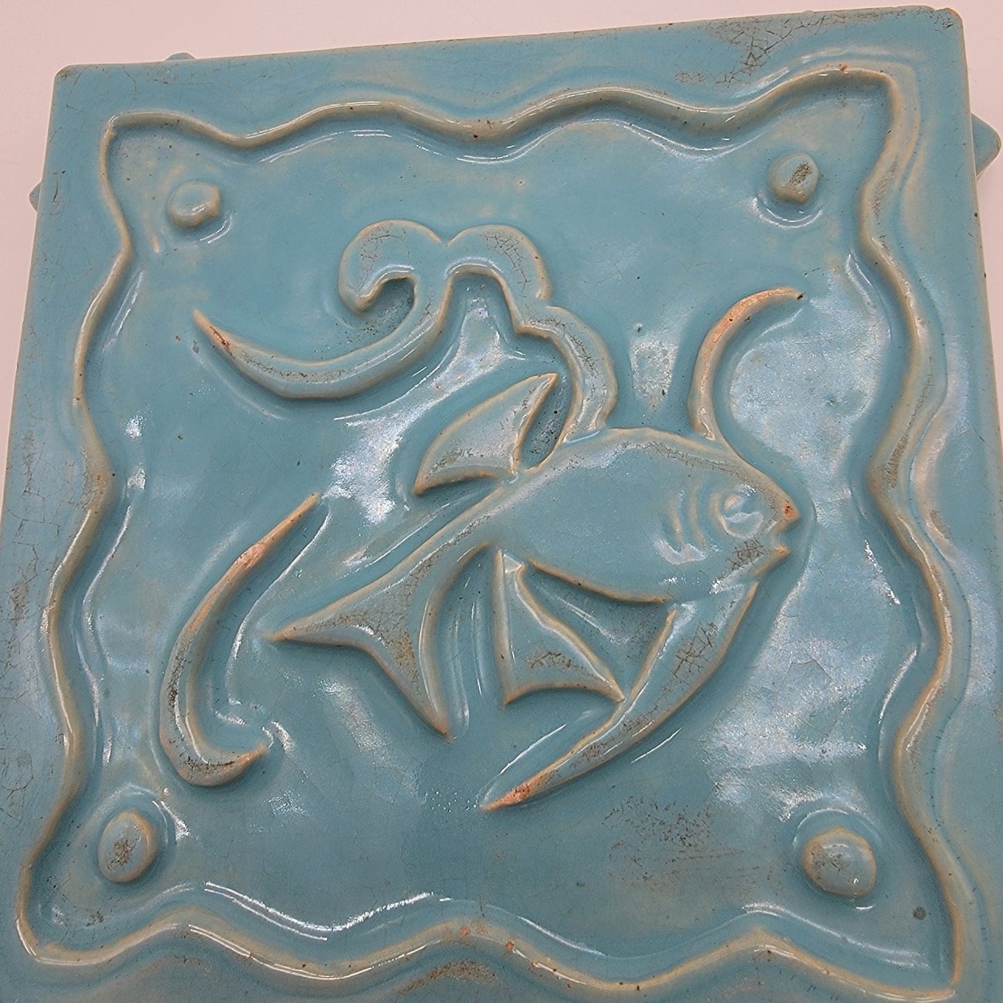 Signed Ruth Bush Pottery Blue Trivet With Fish