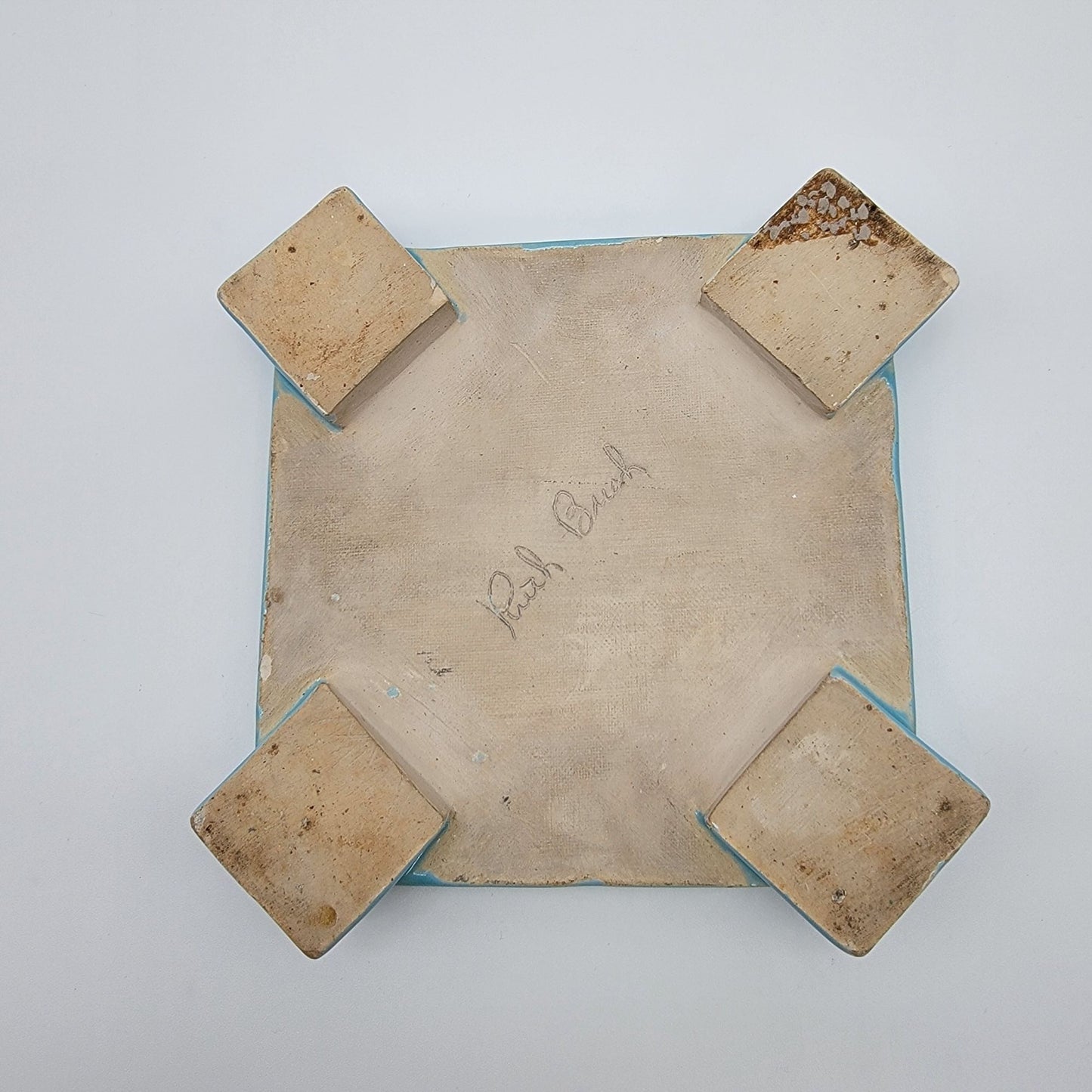 Signed Ruth Bush Pottery Blue Trivet With Fish