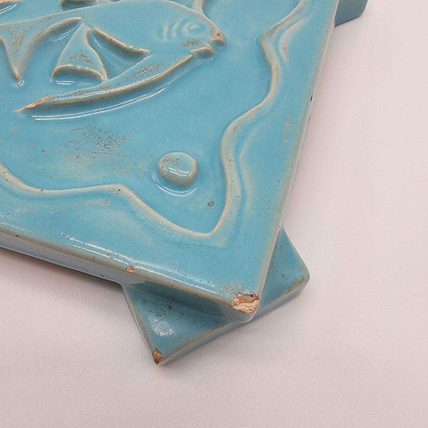 Signed Ruth Bush Pottery Blue Trivet With Fish
