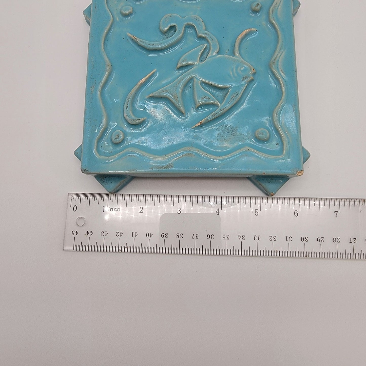 Signed Ruth Bush Pottery Blue Trivet With Fish