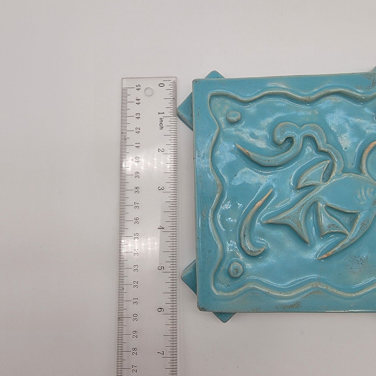 Signed Ruth Bush Pottery Blue Trivet With Fish