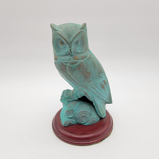 Vintage Patinated Brass Owl Sculpture On Wood Base
