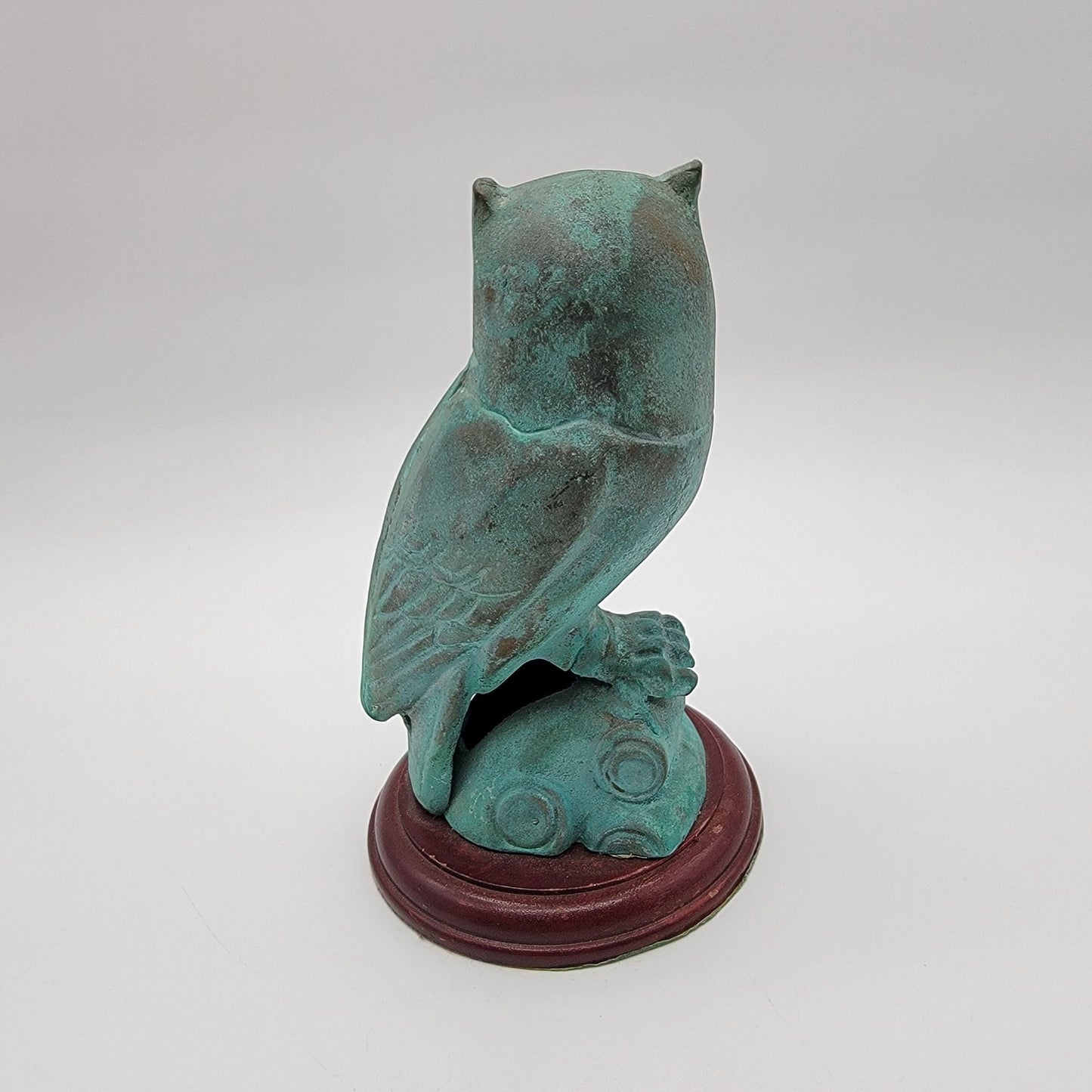 Vintage Patinated Brass Owl Sculpture On Wood Base