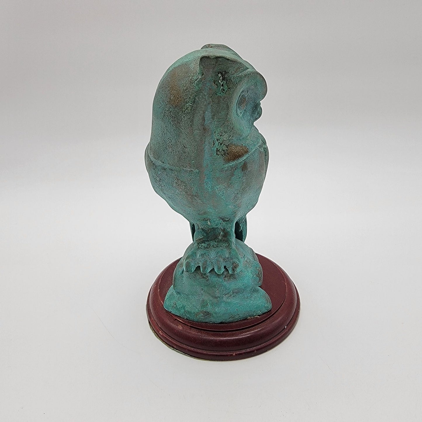 Vintage Patinated Brass Owl Sculpture On Wood Base