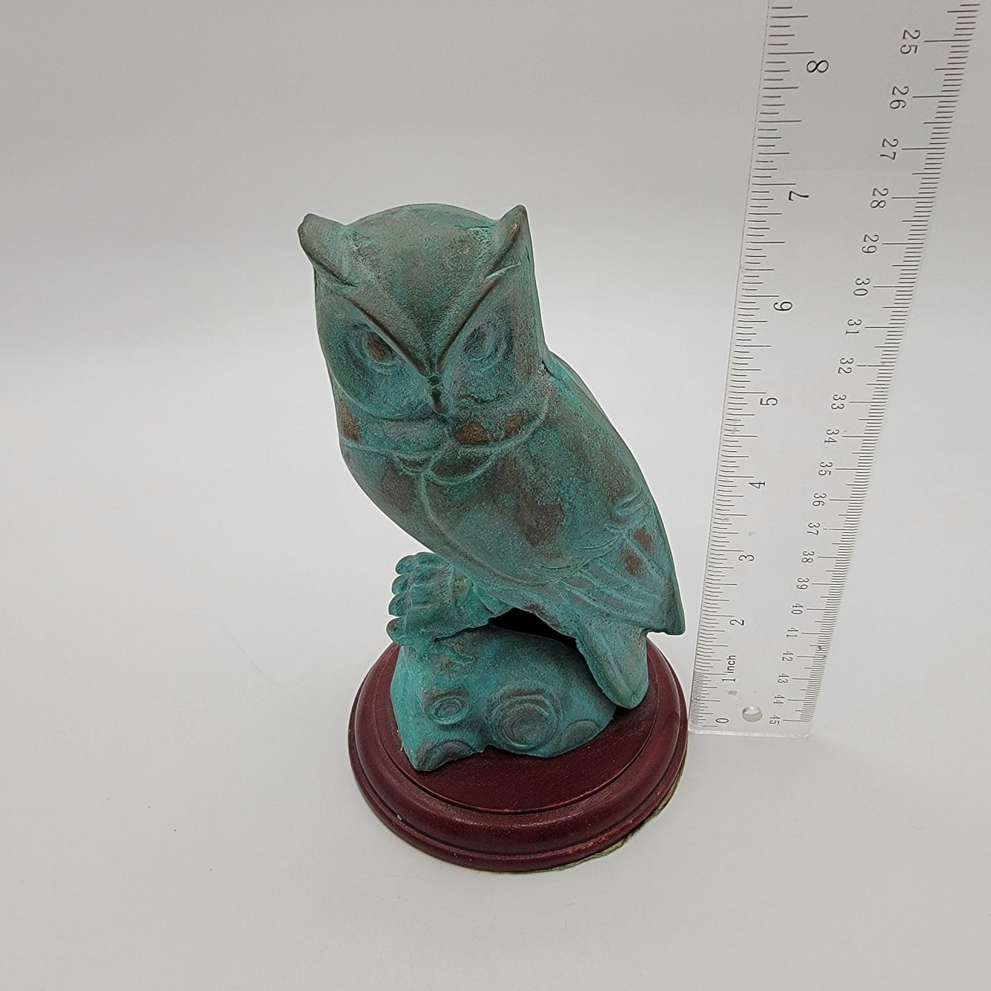 Vintage Patinated Brass Owl Sculpture On Wood Base