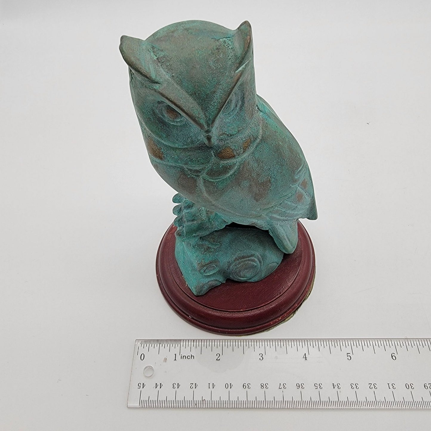 Vintage Patinated Brass Owl Sculpture On Wood Base