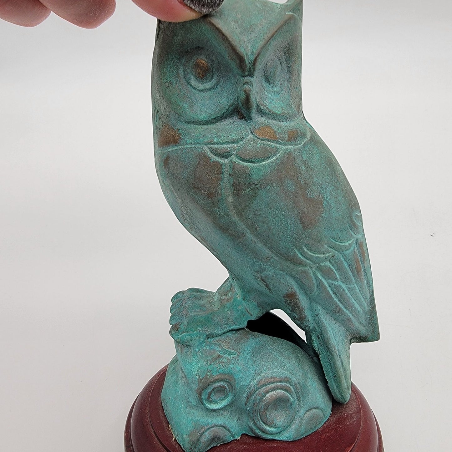 Vintage Patinated Brass Owl Sculpture On Wood Base