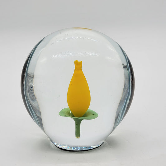 1990's Beranek Glassworks Czech Glass Paperweight Yellow Flower