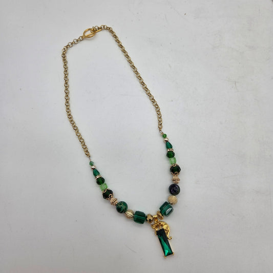 OOAK Handmade  Panther Green Glass Crystal Pendant Art Glass Beaded Necklace