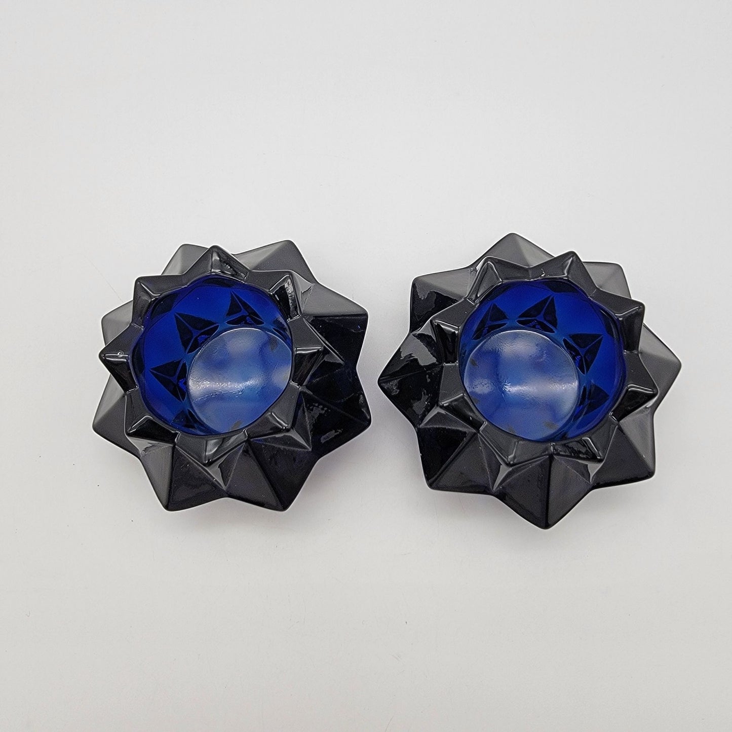 Set Of 2 Vintage Indiana Glass Cobalt Blue Starburst Votive Candle Holders