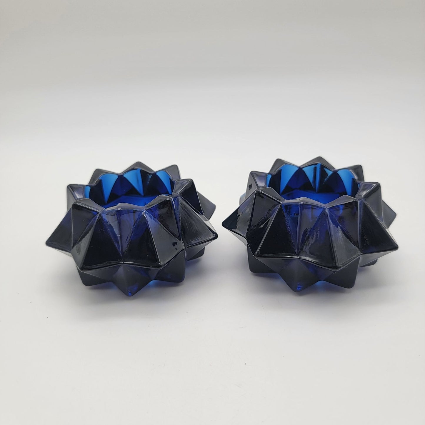 Set Of 2 Vintage Indiana Glass Cobalt Blue Starburst Votive Candle Holders