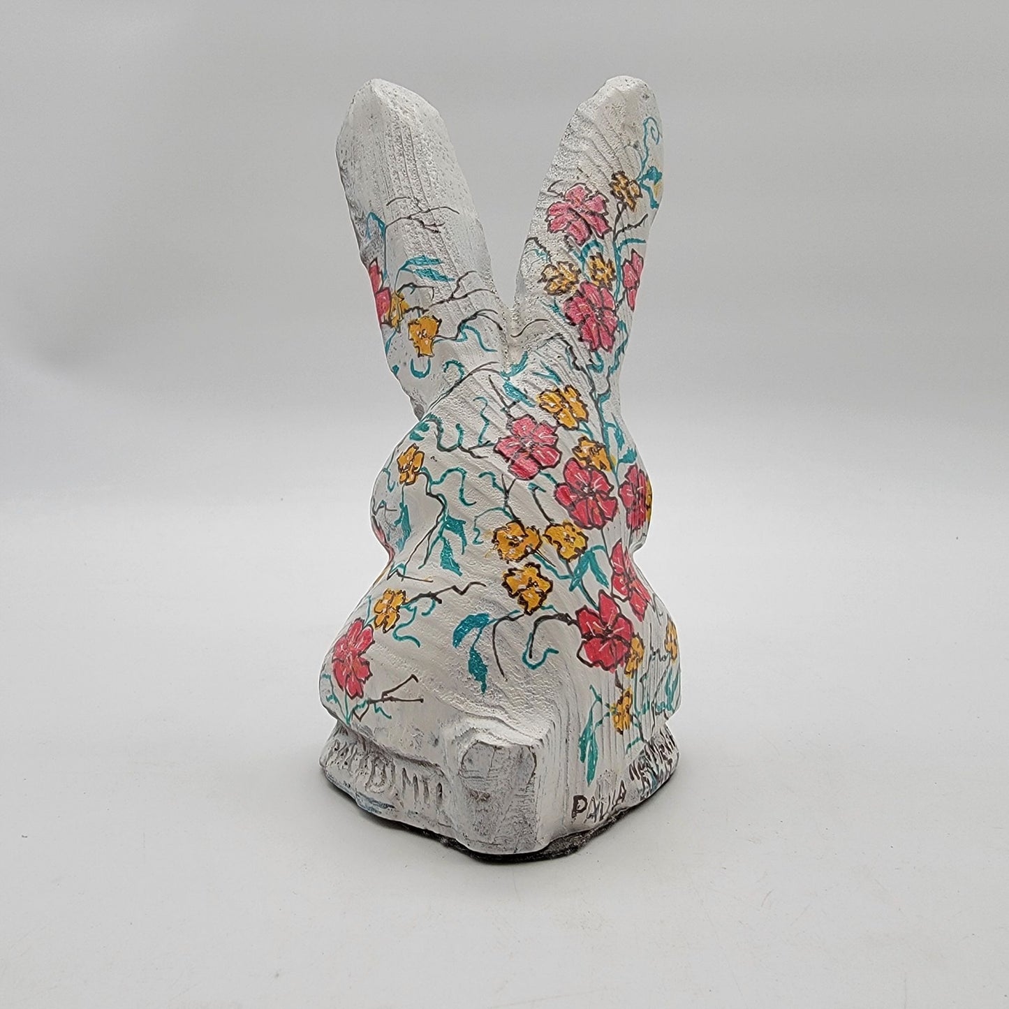 Signed Paula Dimit Folk Art Wooden Bunny Sculpture