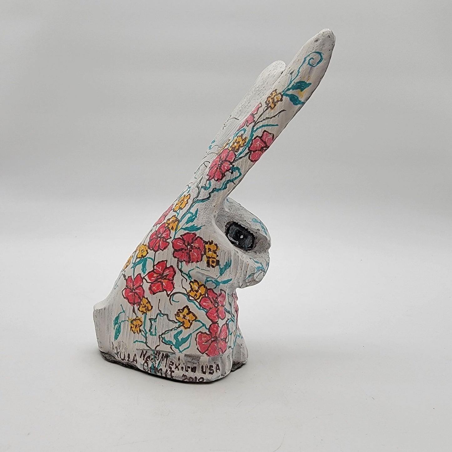 Signed Paula Dimit Folk Art Wooden Bunny Sculpture