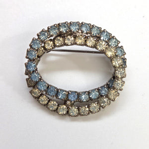 Vintage Blue & White Prong Set Rhinestone Oval Circle Brooch