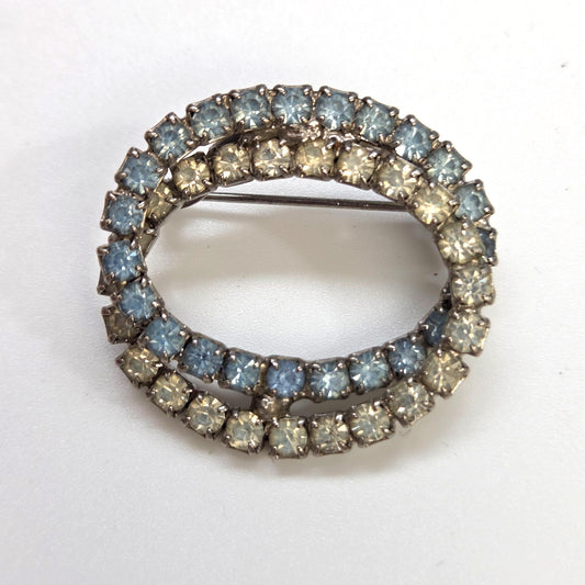Vintage Blue & White Prong Set Rhinestone Oval Circle Brooch