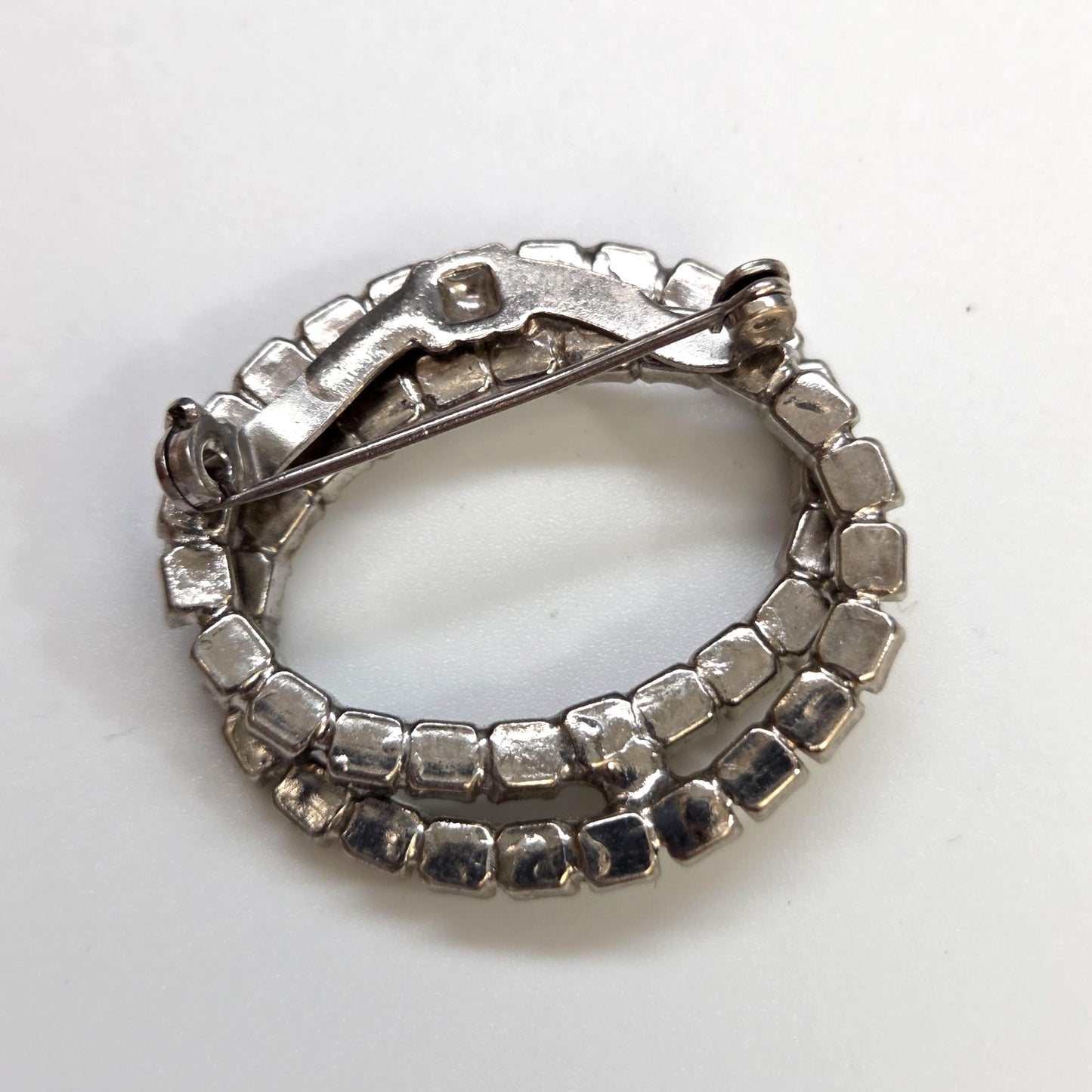 Vintage Blue & White Prong Set Rhinestone Oval Circle Brooch