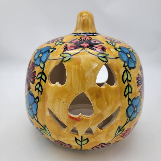 Talavera Style Halloween Pumpkin Jack-O-Lantern Yellow with Blue and Red Flowers