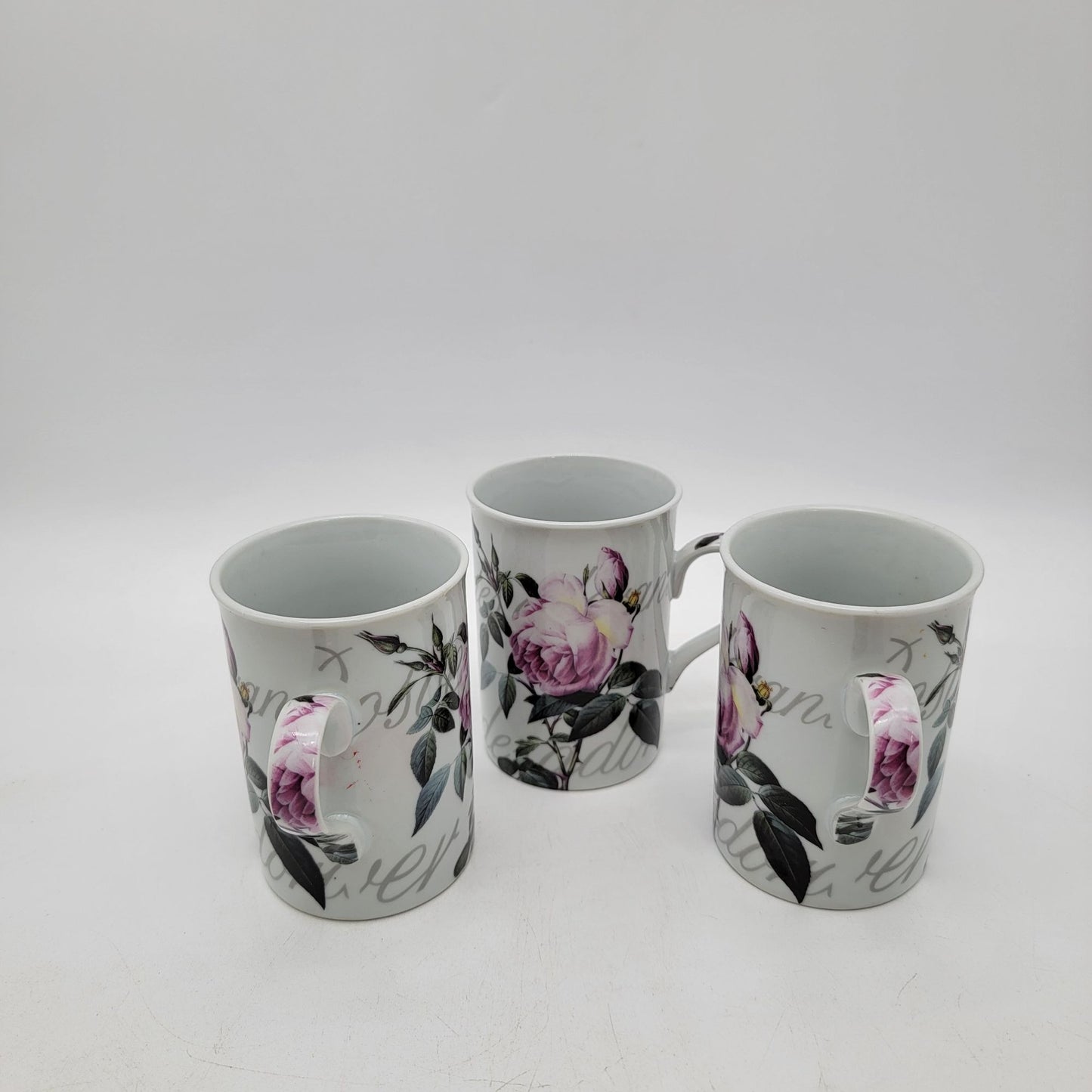 Set Of 3 Baum Porcelain Floral Mugs With Pink & Green Rose Design