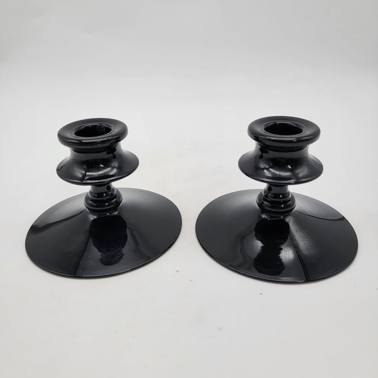 Pair of Vintage Black Amethyst Glass Candlestick Holders