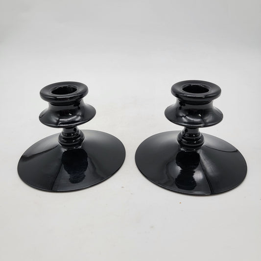 Pair of Vintage Black Amethyst Glass Candlestick Holders