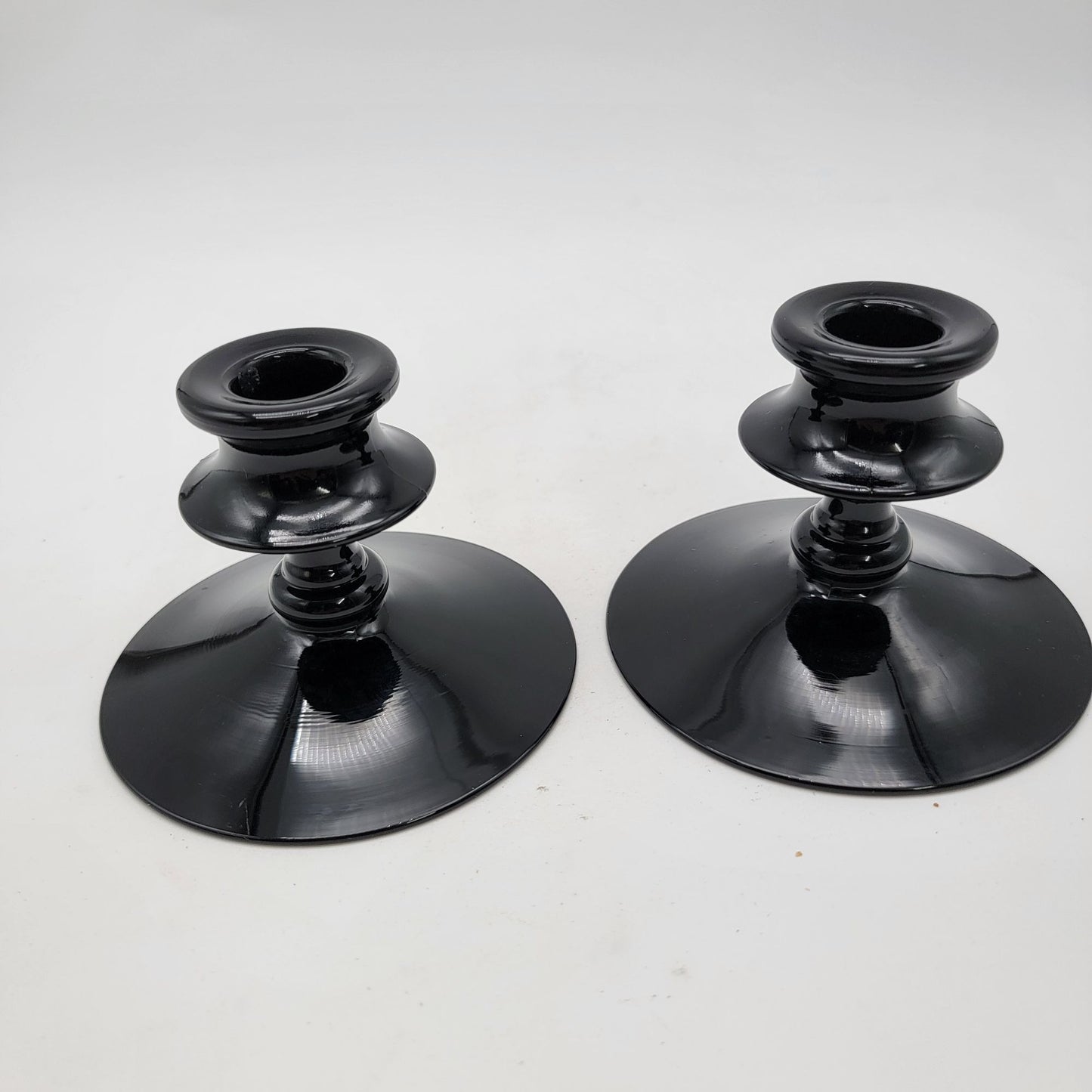 Pair of Vintage Black Amethyst Glass Candlestick Holders