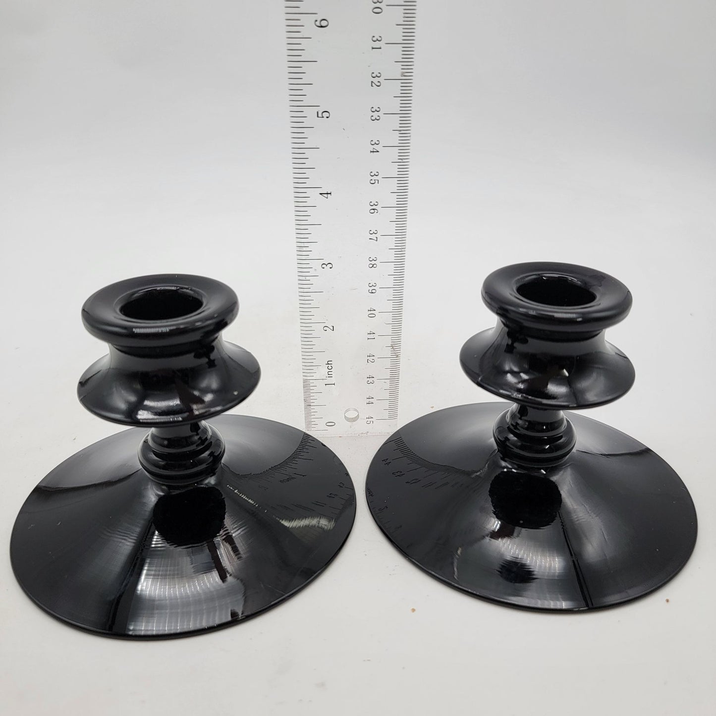 Pair of Vintage Black Amethyst Glass Candlestick Holders