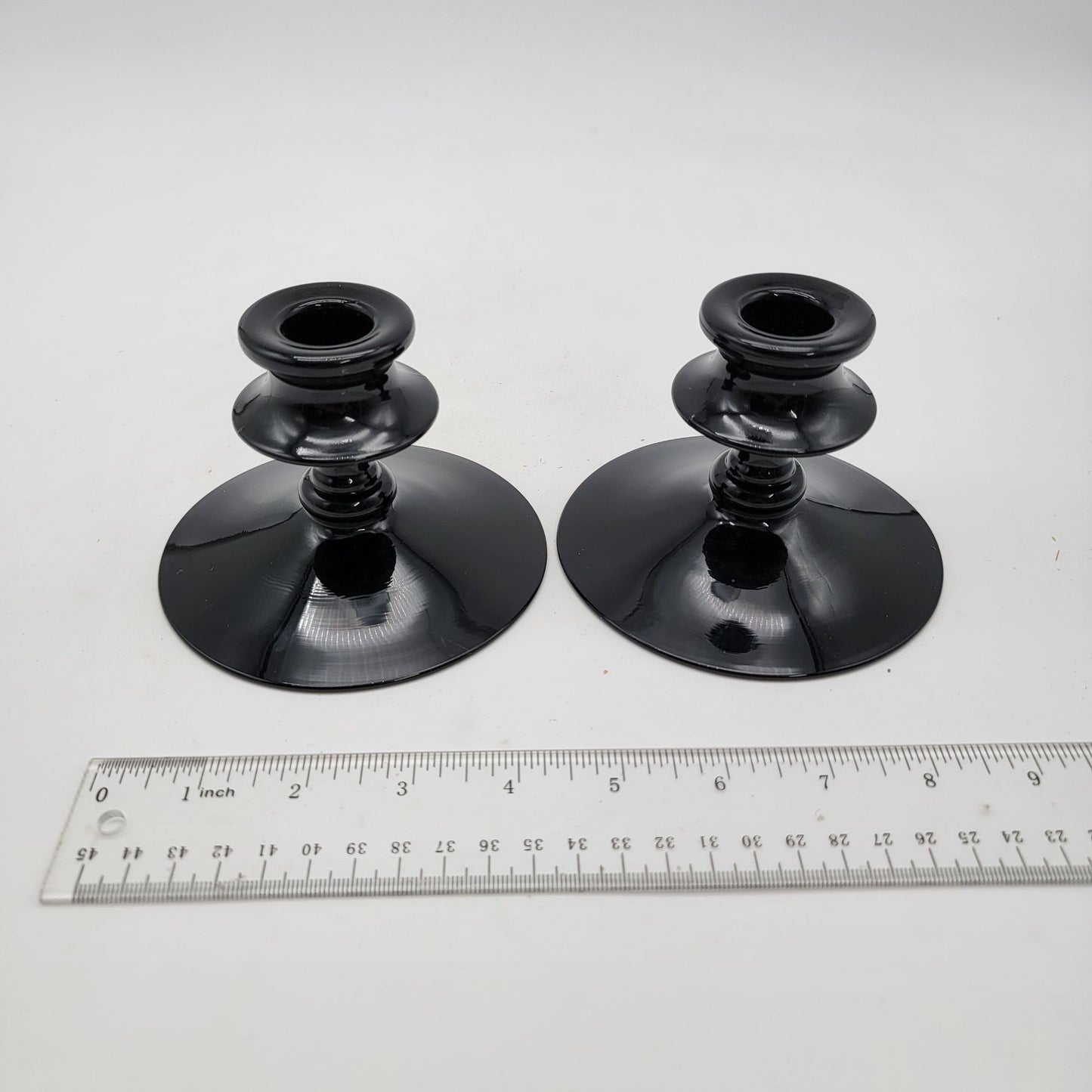 Pair of Vintage Black Amethyst Glass Candlestick Holders